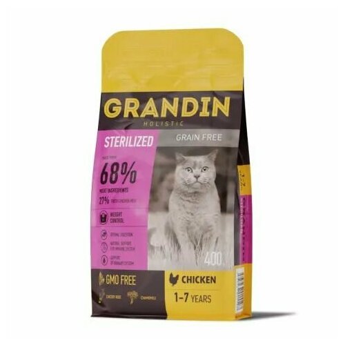 Grandin Корм сухой для кастрированных котов и стерилизованных кошек в возрасте от 1 года до 7 лет, с курицей, 400 гр.