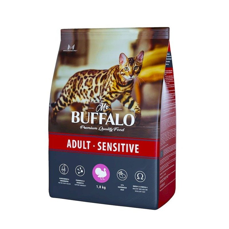 Mr.Buffalo Adult Sensitive полнорационный сухой корм для взрослых котов и кошек с чувствительным пищеварением, с индейкой - 1,8 кг