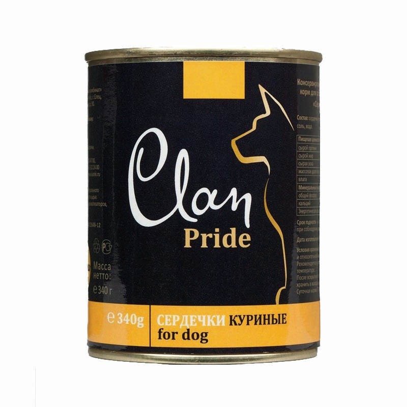 Clan Pride полнорационный влажный корм для собак, с куриными сердечками, кусочки в желе, в консервах - 340 г