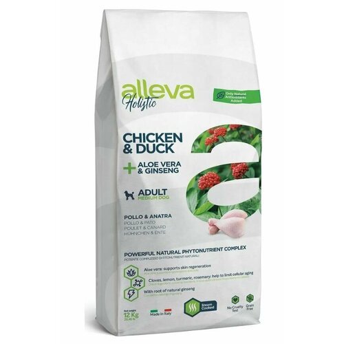 Сухой беззерновой корм Alleva HOLISTIC ADULT CHICKEN&DUCK MEDIUM для взрослых собак средних пород с курицей и уткой, 12 кг