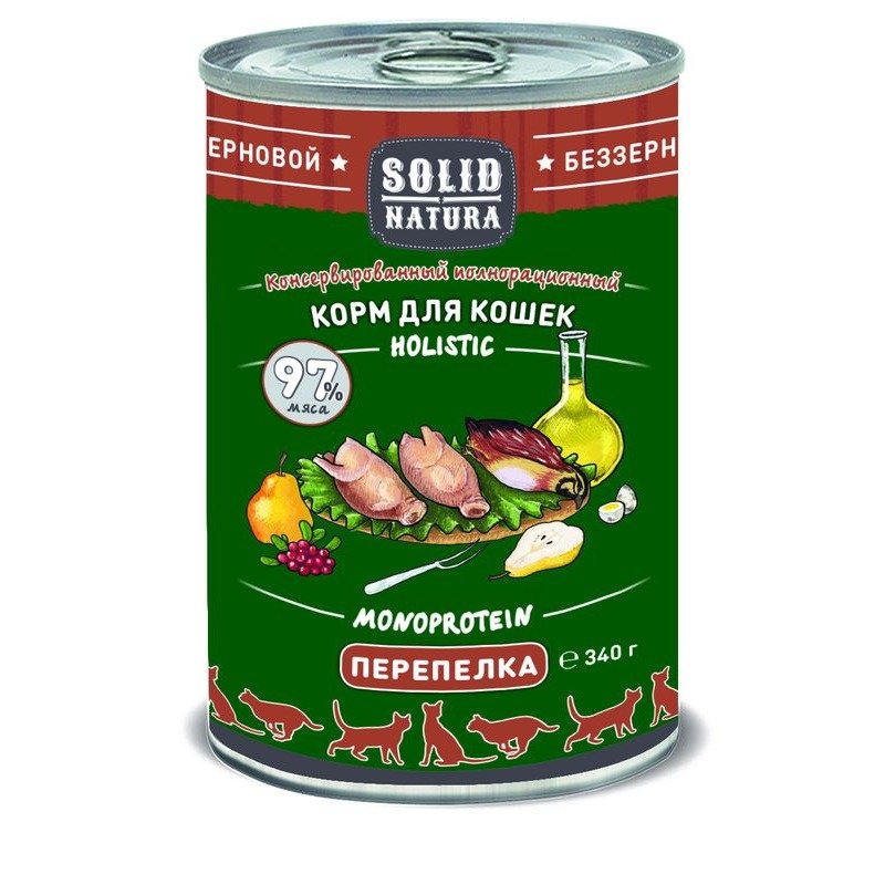 Solid Natura Holistic влажный корм для кошек, с перепелкой, кусочки в желе, в консервах - 340 г