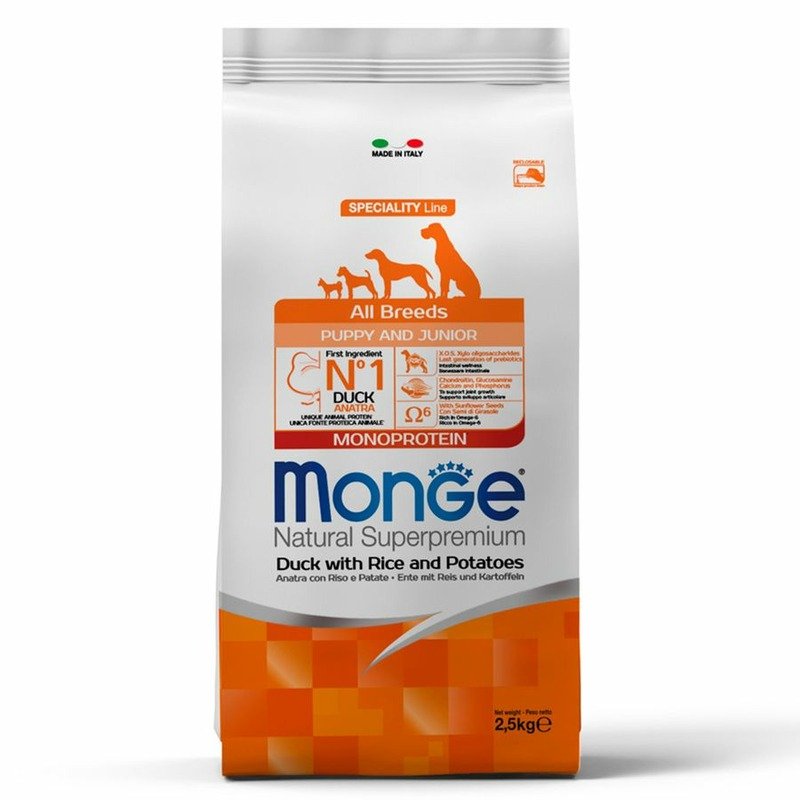 Monge Monge Dog Speciality Line Monoprotein полнорационный сухой корм для щенков, с уткой, рисом и картофелем - 2,5 кг