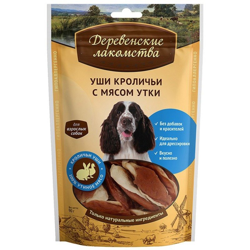 Деревенские лакомства лакомство для собак, уши кроличьи с мясом утки - 90 г