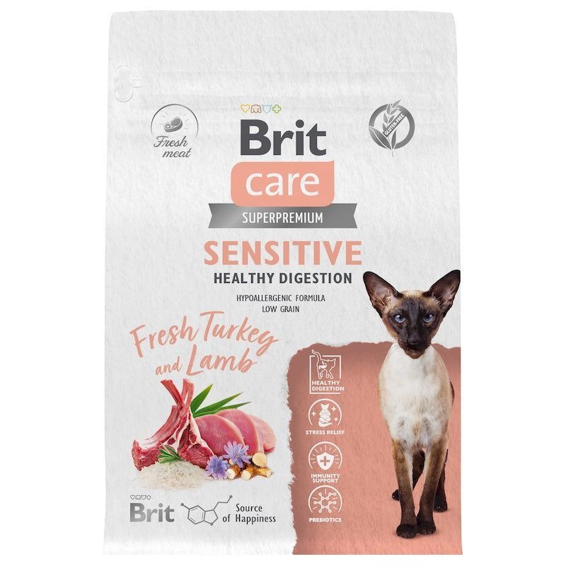 Brit Care Cat Sensitive Healthy Digestion сухой корм для взрослых кошек с чувствительным пищеварением, с индейкой и ягненком - 400 г