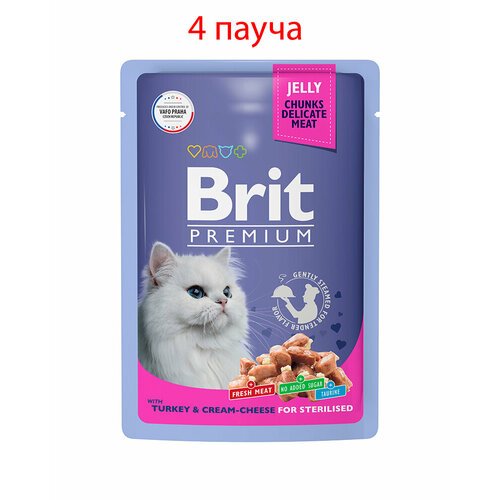 Пауч Brit Premium для взрослых стерилизованных кошек индейка с сыром в желе 85гр, 4шт