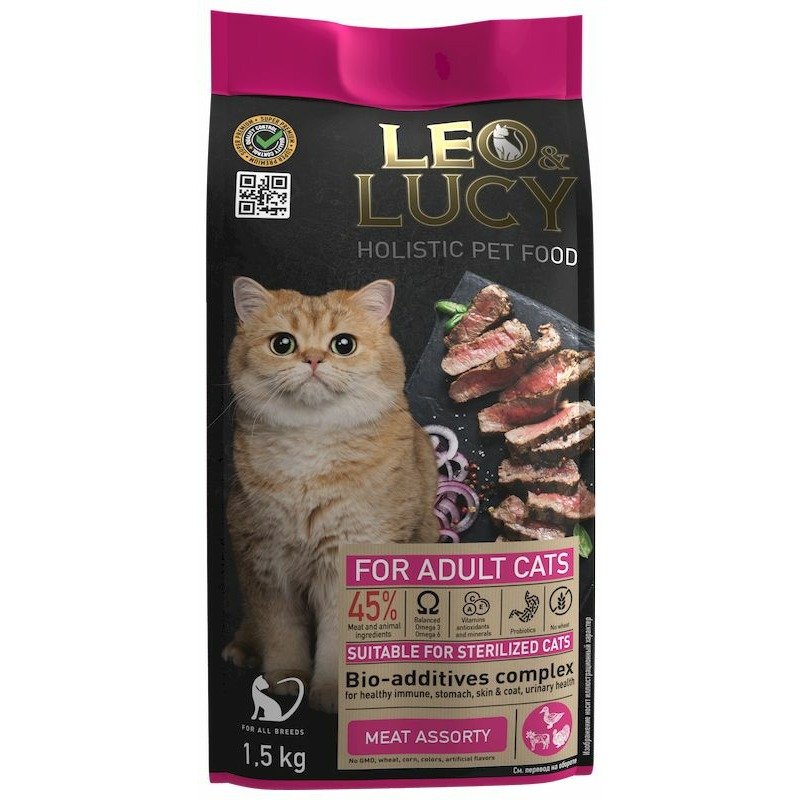 Leo&Lucy сухой полнорационный корм для стерилизованных кошек, мясное ассорти с биодобавками - 1,5 кг