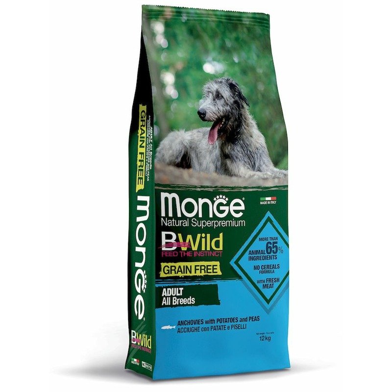 Monge Dog BWild Grain Free полнорационный сухой корм для собак, беззерновой, с анчоусом, картофелем и горохом