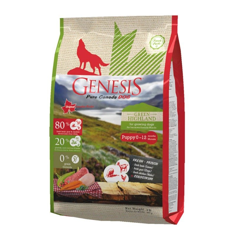 GENESIS Genesis Pure Canada Green Highland Puppy для щенков, юниоров, беременных и кормящих взрослых собак всех пород с курицей, козой и ягненком 907 г
