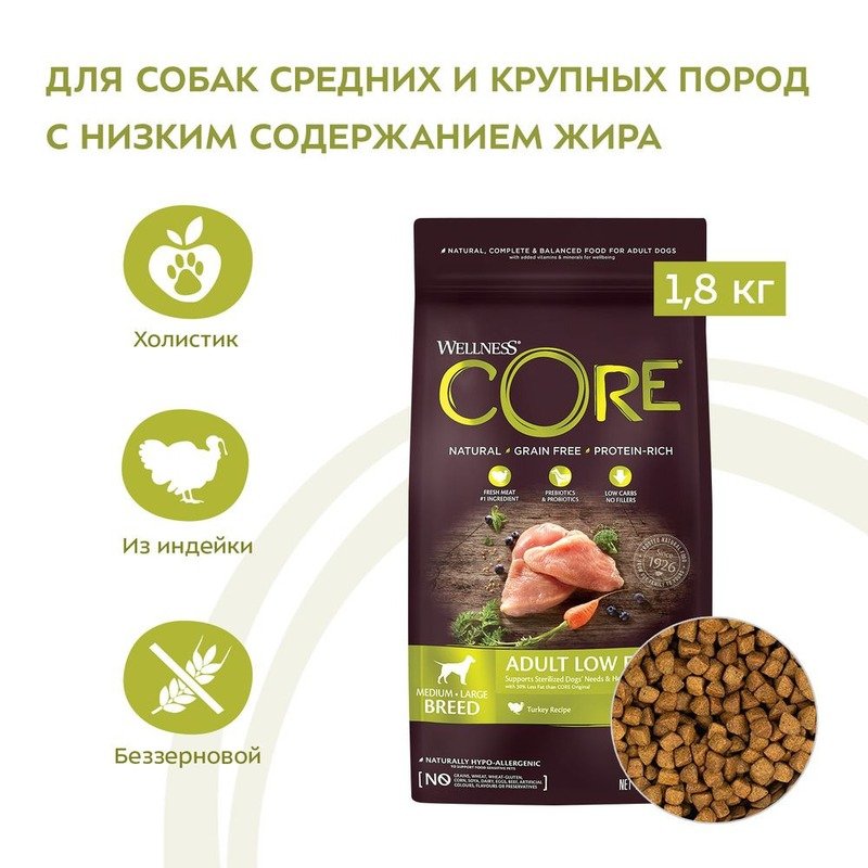 Wellness Core сухой корм для взрослых собак средних и крупных пород пород с низким содержанием жира с индейкой и курицей 1,8 кг