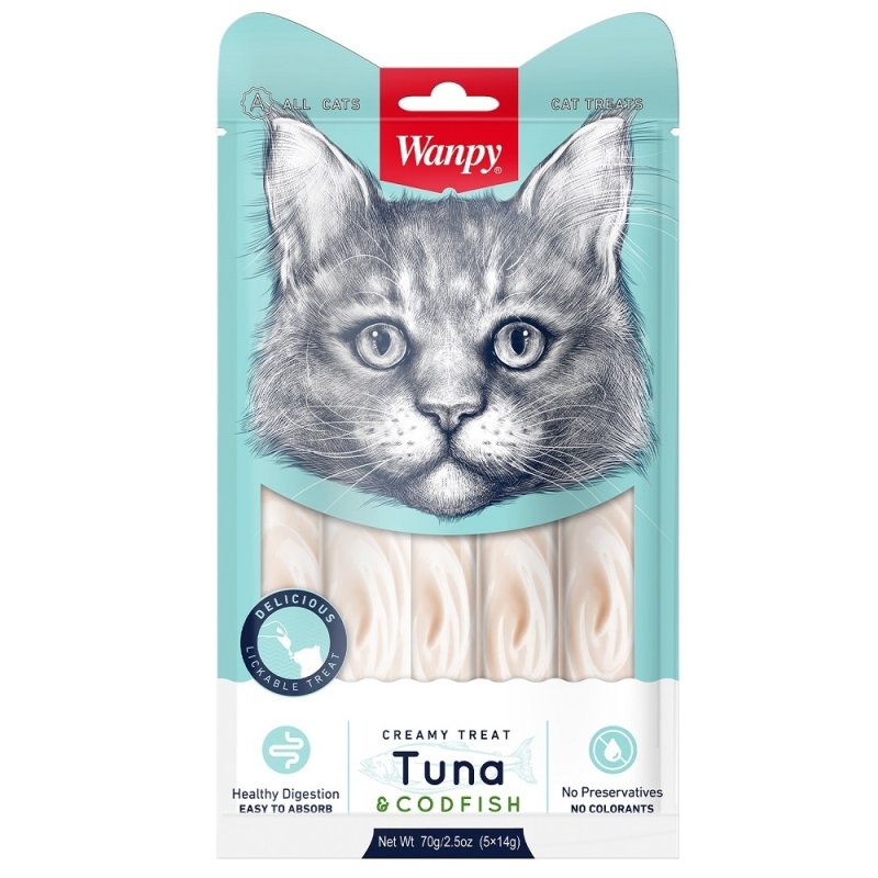 Wanpy Wanpy лакомство для кошек «нежное пюре» из тунца и трески (70 г)