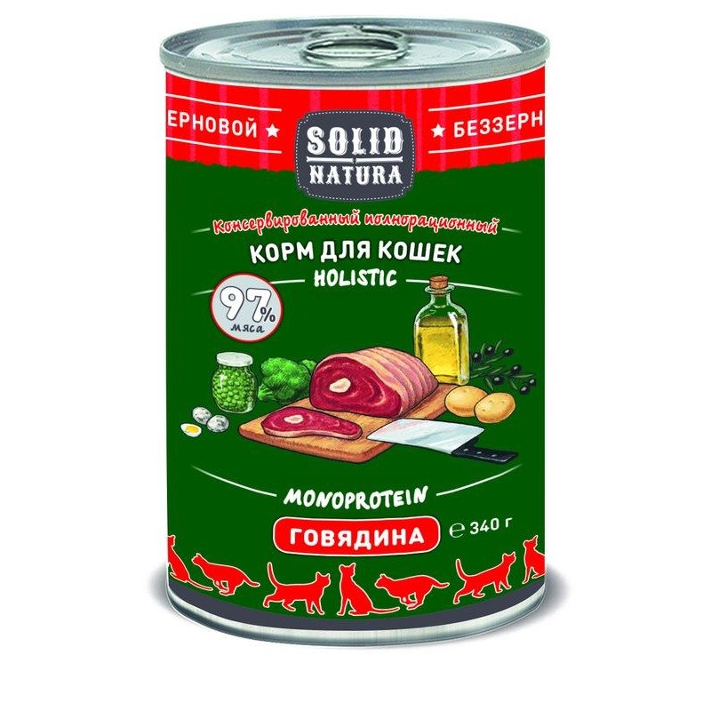 Solid Natura Holistic влажный корм для кошек, с говядиной, кусочки в желе, в консервах - 100 г