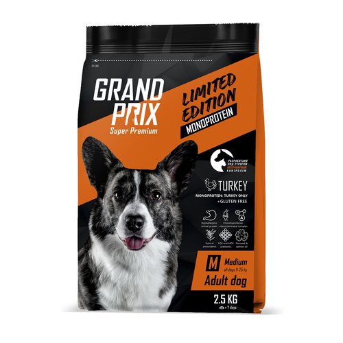 Корм сухой для собак средних пород GRAND PRIX MONOPROTEIN индейка, 2,5 кг
