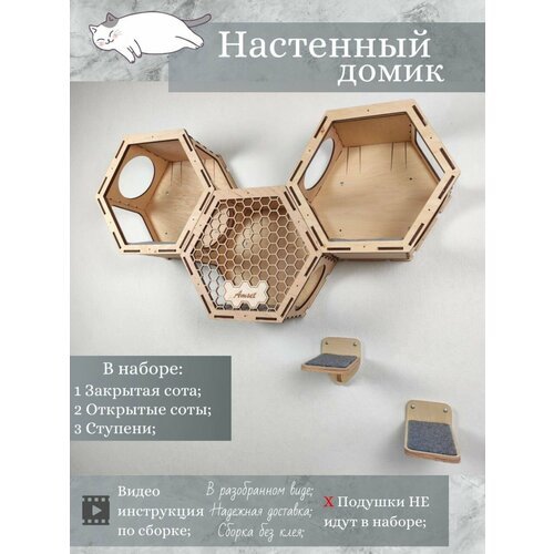 Игровой комплекс настенный, лежанка и домик из дерева для кошки