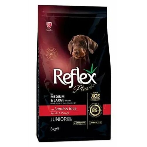 Reflex Сухой корм для щенков средних и крупных пород Plus Medium Large Breed Junior Dog Food Lamb & Rice, с ягненком и рисом, 3 кг