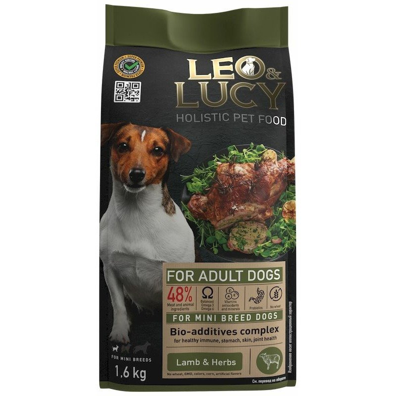 Leo&Lucy сухой полнорационный корм для собак мелких пород, с ягненком, травами и биодобавками - 1,6 кг