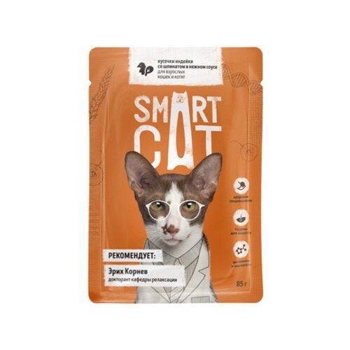 Влажный корм для взрослых кошек и котят Smart Cat Кусочки индейки со шпинатом в нежном соусе 2 шт. х 85 г (кусочки в соусе)