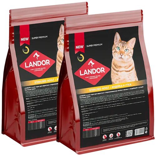 LANDOR CAT ADULT STERILIZED для взрослых кастрированных котов и стерилизованных кошек с индейкой и уткой (10 + 10 кг)