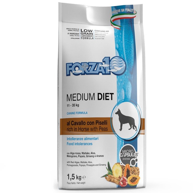 Сухой корм Forza10 Medium Diet для взрослых собак средних пород из конины, гороха и риса с микрокапсулами - 1,5 кг