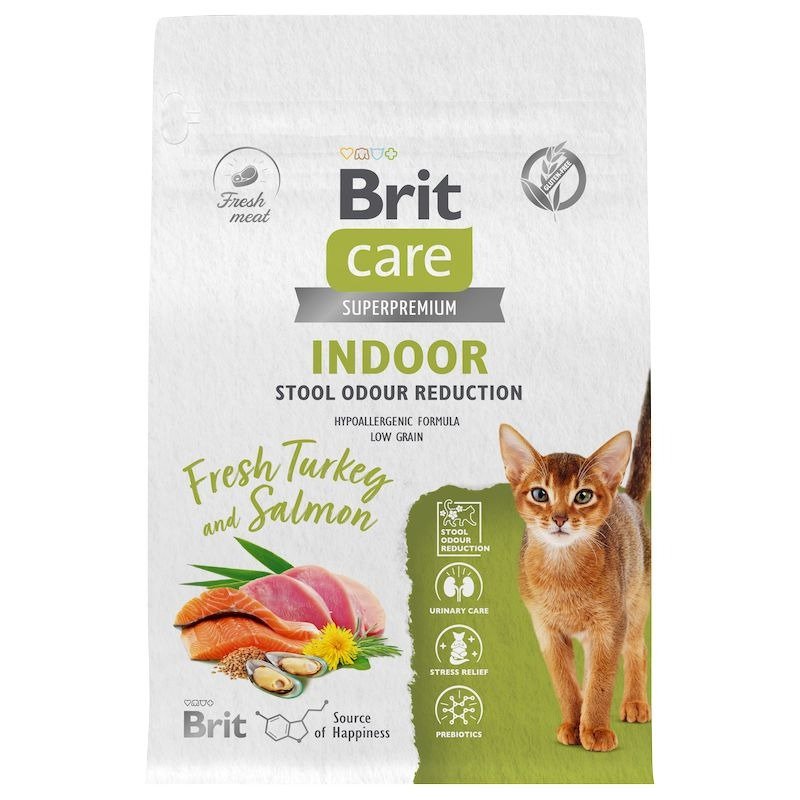 Brit Care Cat Indoor Stool Odour Reduction сухой корм для взрослых кошек домашнего содержания, с индейкой и лососем - 400 г