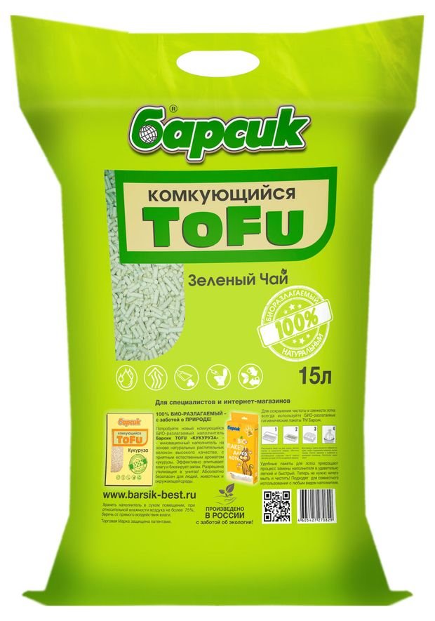 Наполнитель комкующийся Барсик Tofu Зеленый чай, 15 л