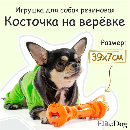 Игрушка для собак резиновая EliteDog 'Косточка на верёвке', оранжевая, 52.5х7х5.5см