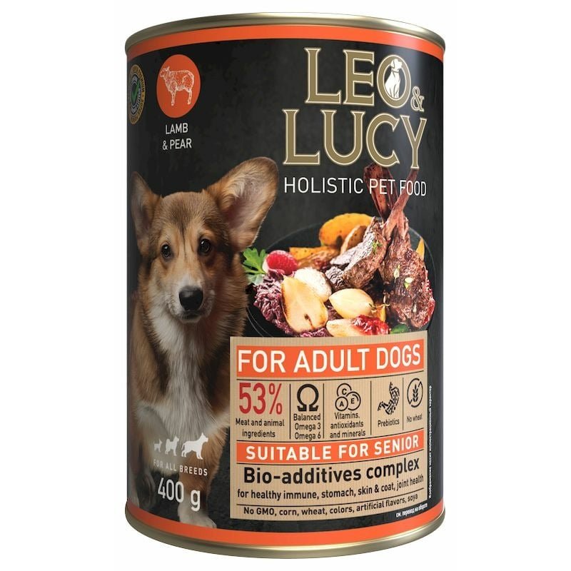 Leo&Lucy влажный полнорационный корм для пожилых собак, с ягненком, грушей и биодобавками, в паштете, в консервах - 400 г