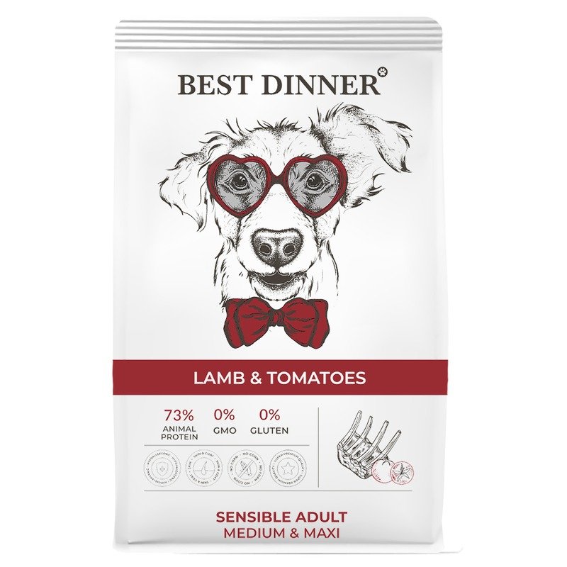 Best Dinner Medium & Maxi полнорационный сухой корм для собак средних и крупных пород, склонных к аллергии и проблемам с пищеварением, с ягненком и томатом