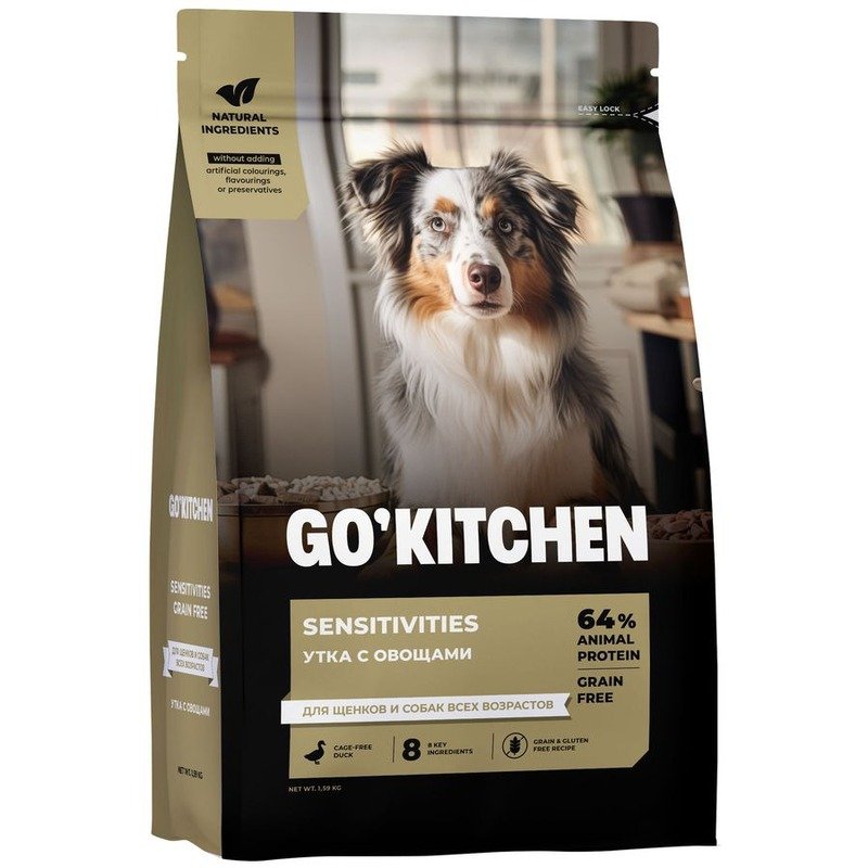 Go Kitchen сухой корм для щенков и собак всех возрастов, беззерновой, с уткой сухой корм для чувствительного пищеварения - 1,59 кг