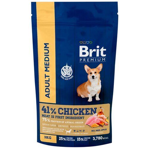 BRIT PREMIUM DOG ADULT MEDIUM для взрослых собак средних пород с курицей (3 кг х 3 шт)