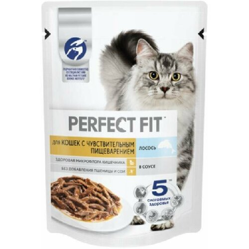 Perfect Fit Влажный корм для кошек с чувствительным пищеварением с лососем в соусе 75г 1023776910245344 0,075 кг 55268 (30 шт)