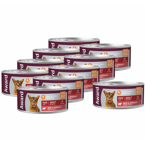 Влажный корм AWARD для взрослых кошек паштет из говядины со шпинатом 100г х 10 шт.