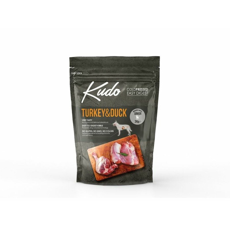 Kudo Kudo Turkey & Duck Medium & Maxi Junior сухой корм для щенков средних и крупных пород с чувствительным пищеварением, с индейкой и уткой - 3 кг
