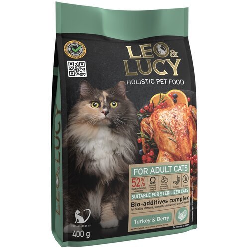 LEO&LUCY cухой холистик корм для взрослых кошек с индейкой, ягодами и биодобавками для стерилизованных и пожилых 0,4кг.