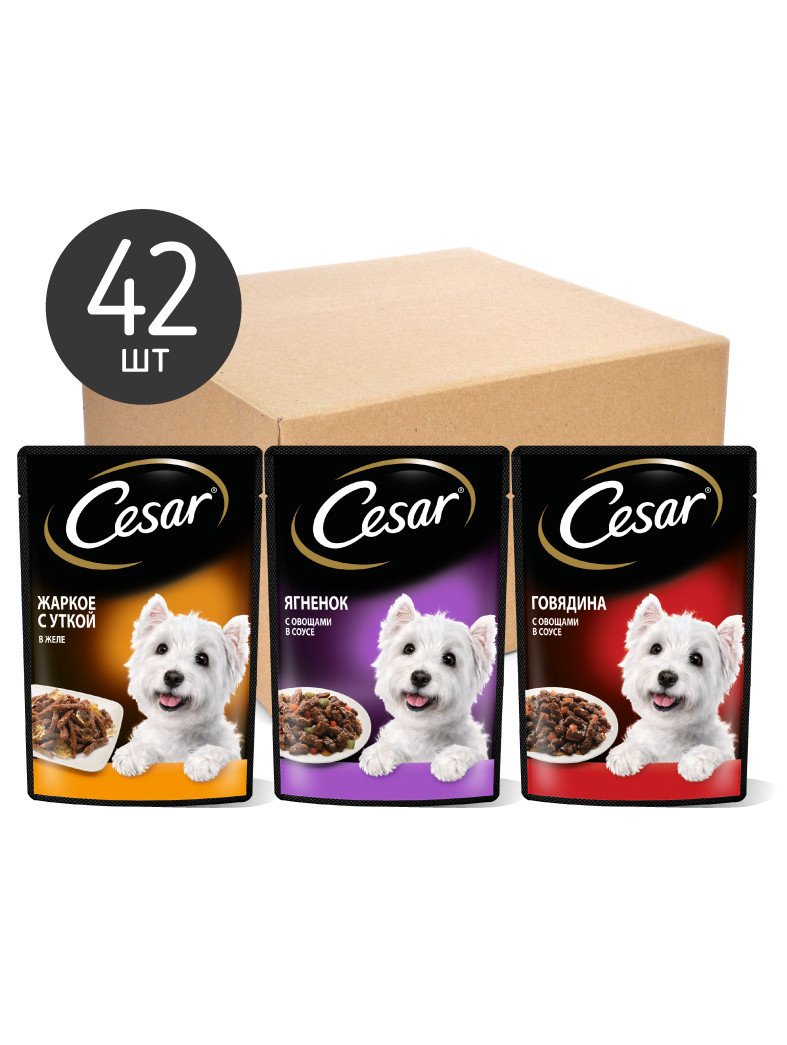Cesar Cesar набор паучей для собак, три вкуса (паучи 'желе' 14шт х 85г и паучи 'ломтики в соусе' 28шт х 85г) (3,57 кг)
