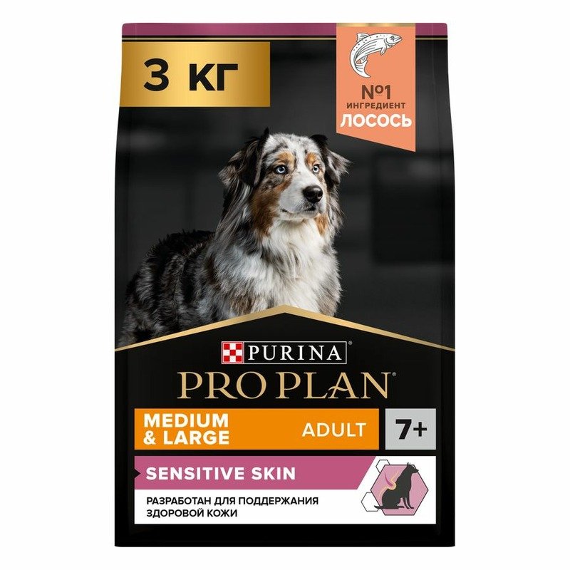 PRO PLAN Pro Plan OptiDerma сухой корм для пожилых собак средних и крупных пород старше 7 лет с чувствительной кожей, с высоким содержанием лосося - 3 кг
