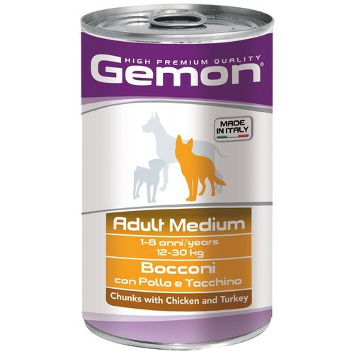 Gemon Dog Medium консервы для собак средних пород кусочки курицы с индейкой 1250г х12