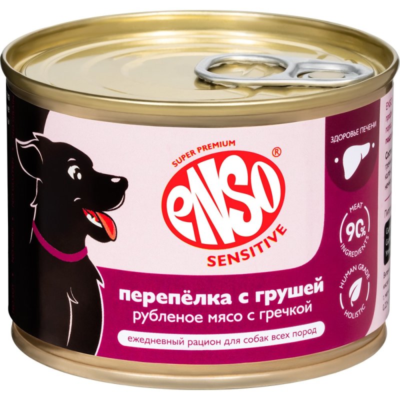 Корм для собак ENSO Sensitive подд.здор.печени, рубл.мясо перепелки с греч. и грушей банка 190г