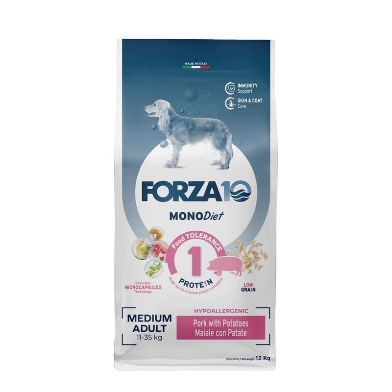 Forza10 Medium Diet Low Grain полнорационный диетический корм для взрослых собак средних пород из свинины, картофеля и риса с микрокапсулами - 12 кг