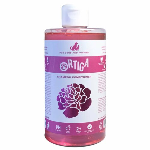 Ortiga шампунь-кондиционер для всех типов шерсти для собак и щенков с ароматом пиона 450 мл.