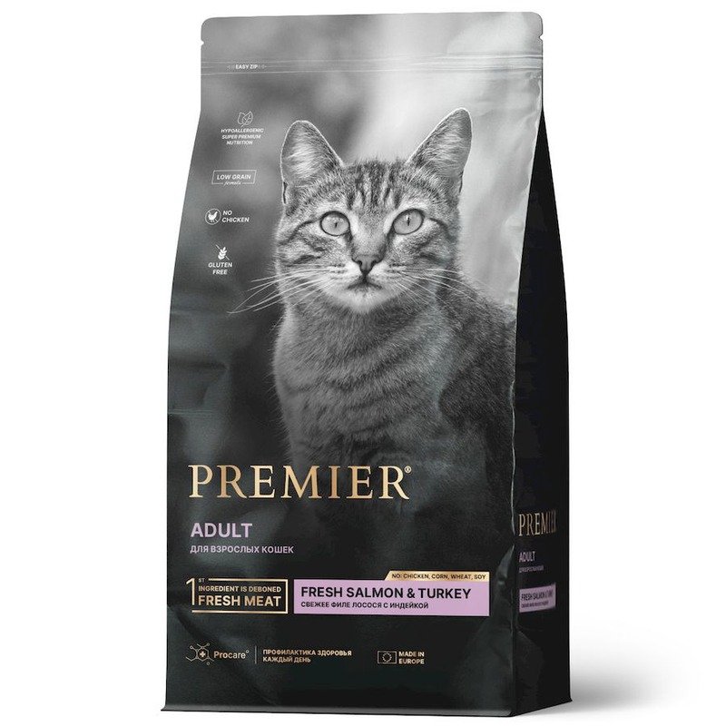 Premier Cat Salmon & Turkey Adult сухой корм для взрослых кошек, свежее филе лосося с индейкой - 2 кг