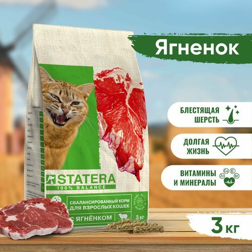 STATERA Сухой сбалансированный премиум корм для кошек с ягненком, 3 кг