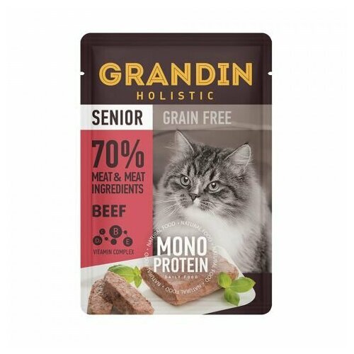 Grandin Senior Grain free Monoprotein Влажный корм для пожилых кошек, патэ из нежного мяса говядины в желе, 85 гр, 12 шт