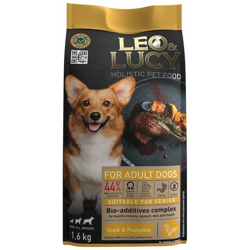 Leo&Lucy сухой полнорационный корм для пожилых собак, с уткой, тыквой и биодобавками - 1,6 кг