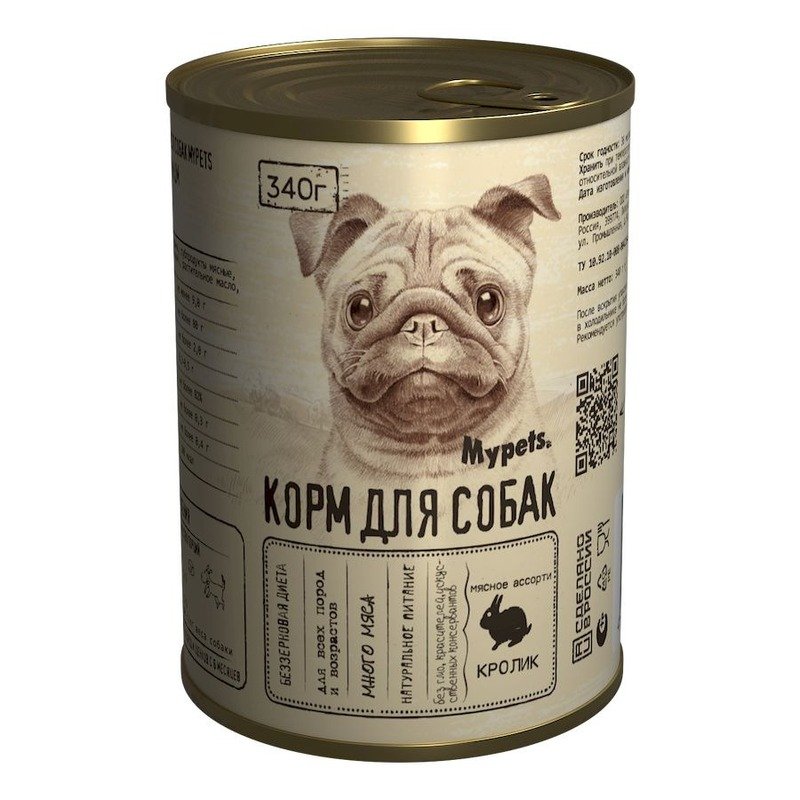 Mypets влажный корм для взрослых собак, мясное ассорти с кроликом, в консервах - 340 г х 12 шт (1 шт)