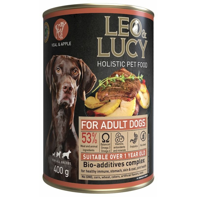 Leo&Luсy Leo&Lucy влажный полнорационный корм для собак, с телятиной, яблоком и биодобавками, в паштете, в консервах - 400 г