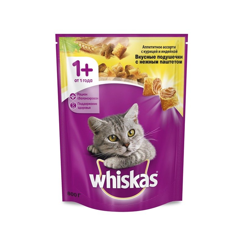 Whiskas Вкусные подушечки с нежным паштетом сухой корм для взрослых кошек Аппетитное ассорти с курицей и индейкой - 800 г