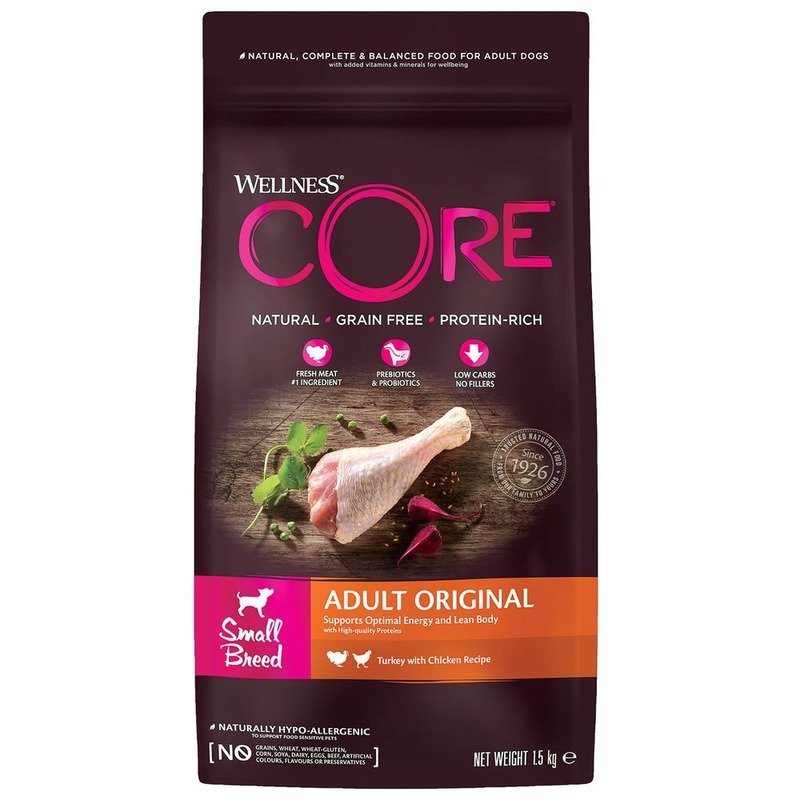 Wellness Core сухой корм для взрослых собак мелких пород с индейкой и курицей 1,5 кг