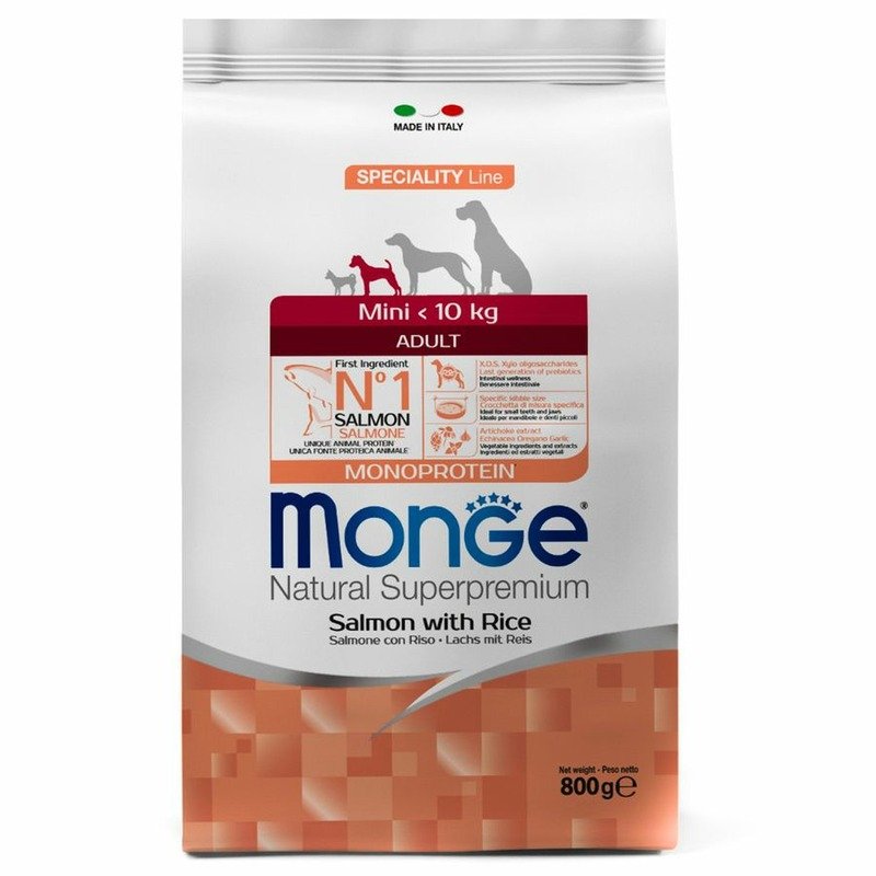 Monge Dog Speciality Line Monoprotein Mini полнорационный сухой корм для собак мелких пород, с лососем и рисом - 800 г