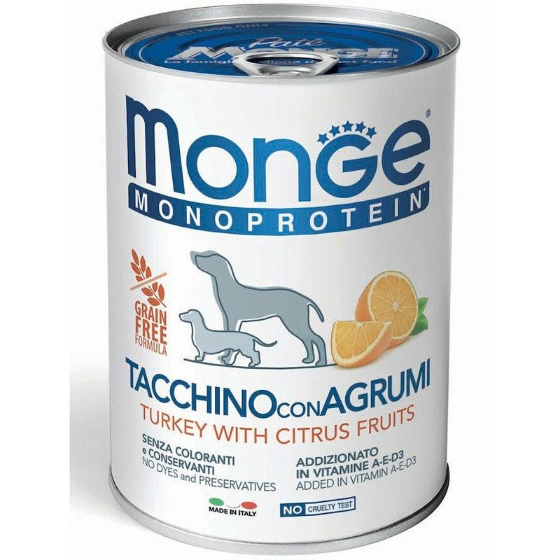 Monge Dog Natural Monoprotein Fruits полнорационный влажный корм для собак, беззерновой, паштет с индейкой, рисом и цитрусовыми, в консервах - 400 г