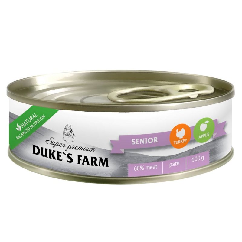 Корм для кошек DUKE'S FARM для пожилых, паштет индейка, яблоко банка 100г